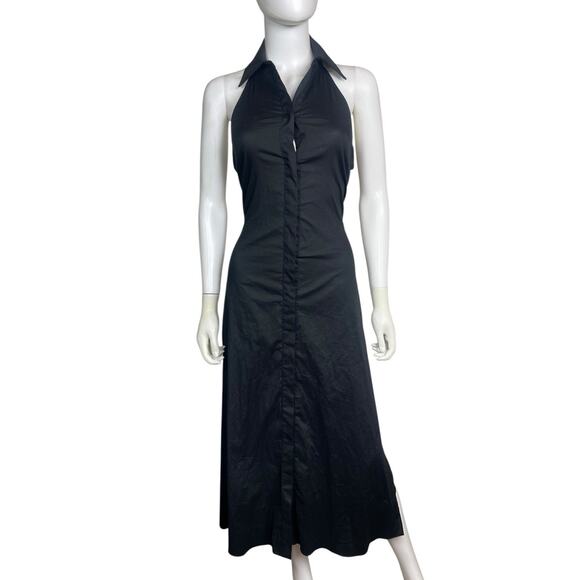 Misa Women's XS Black Poplin Jessika Vneck Button Up Tie Midi Dress EUC - Picture 4 of 5
